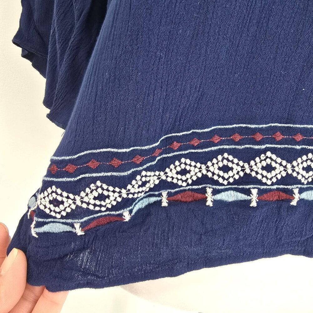 Maurices Navy Blue Aztec Embroidere 3/4 Bell Sleeve Flowy Top Women's Size M - Picture 2 of 7